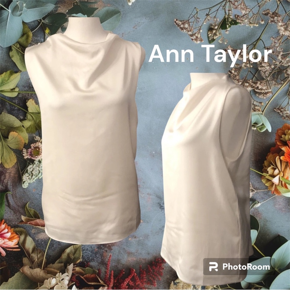Ann Taylor Top Size 8 White Satin Look Blouse Sleeveless Mock Cowl Neck